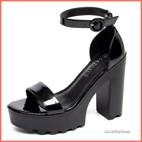 Platform Block Heel Sandals with Ankle Strap and Lug Sole
